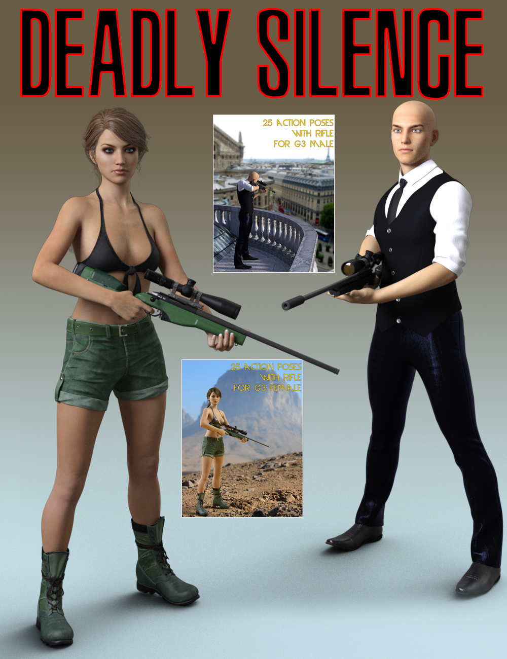 Slide3D Deadly Silence Poses with Rifle for Genesis 3 Female and Male by: Slide3D, 3D Models by Daz 3D