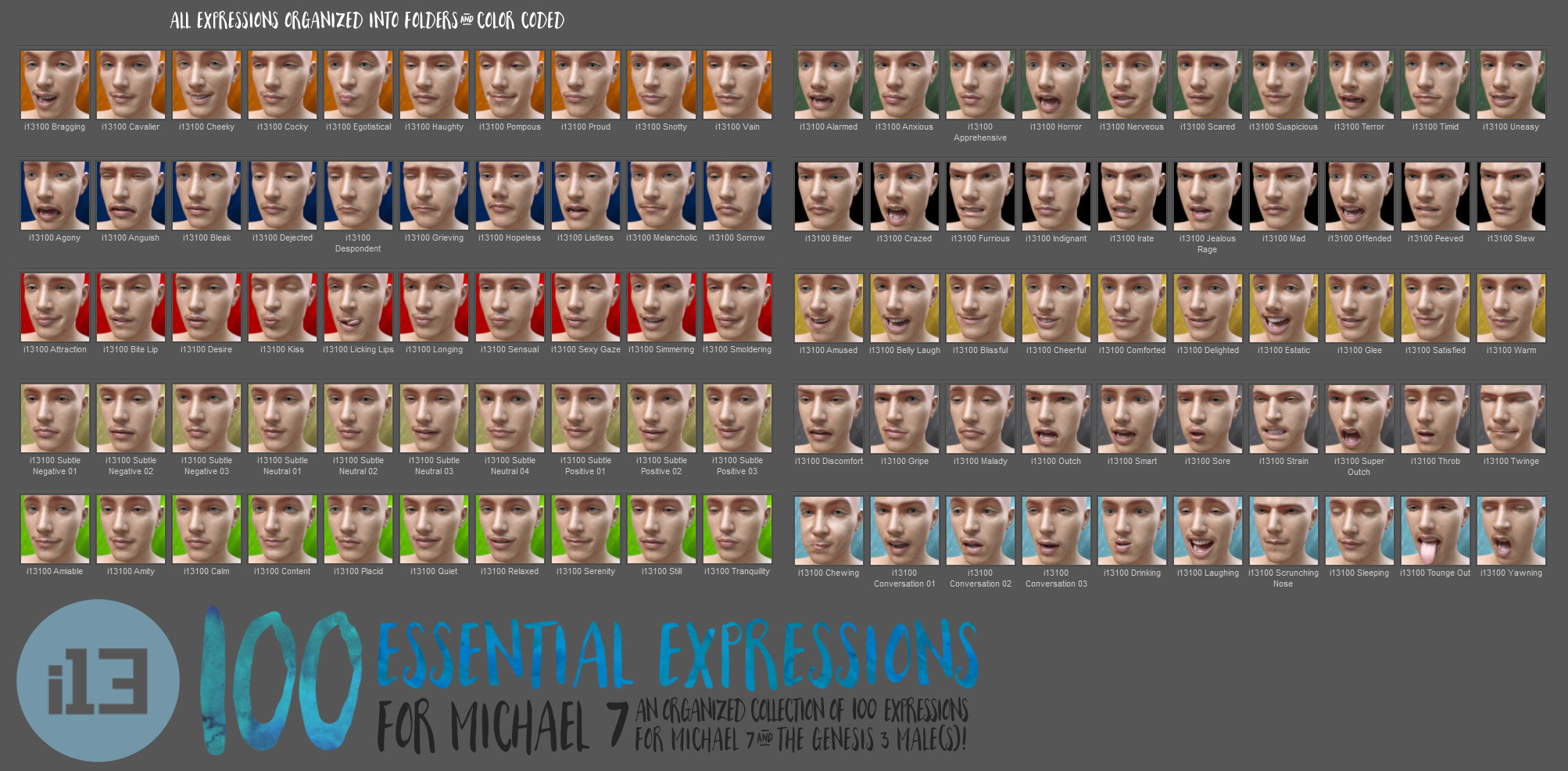 i13 100 Essential Expressions for Michael 7 by: ironman13, 3D Models by Daz 3D