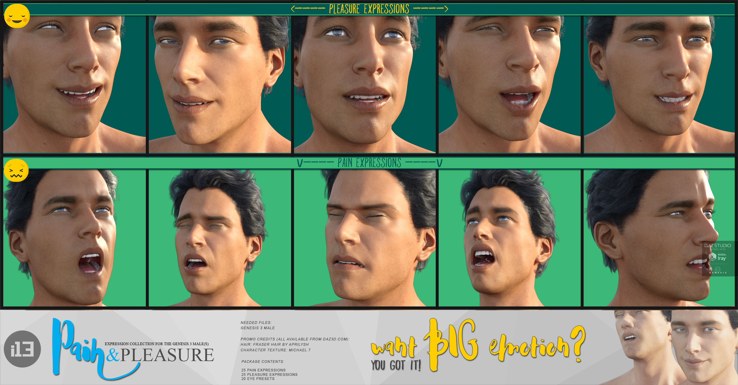 i13 Pain and Pleasure Expressions for the Genesis 3 Male(s) by: ironman13, 3D Models by Daz 3D