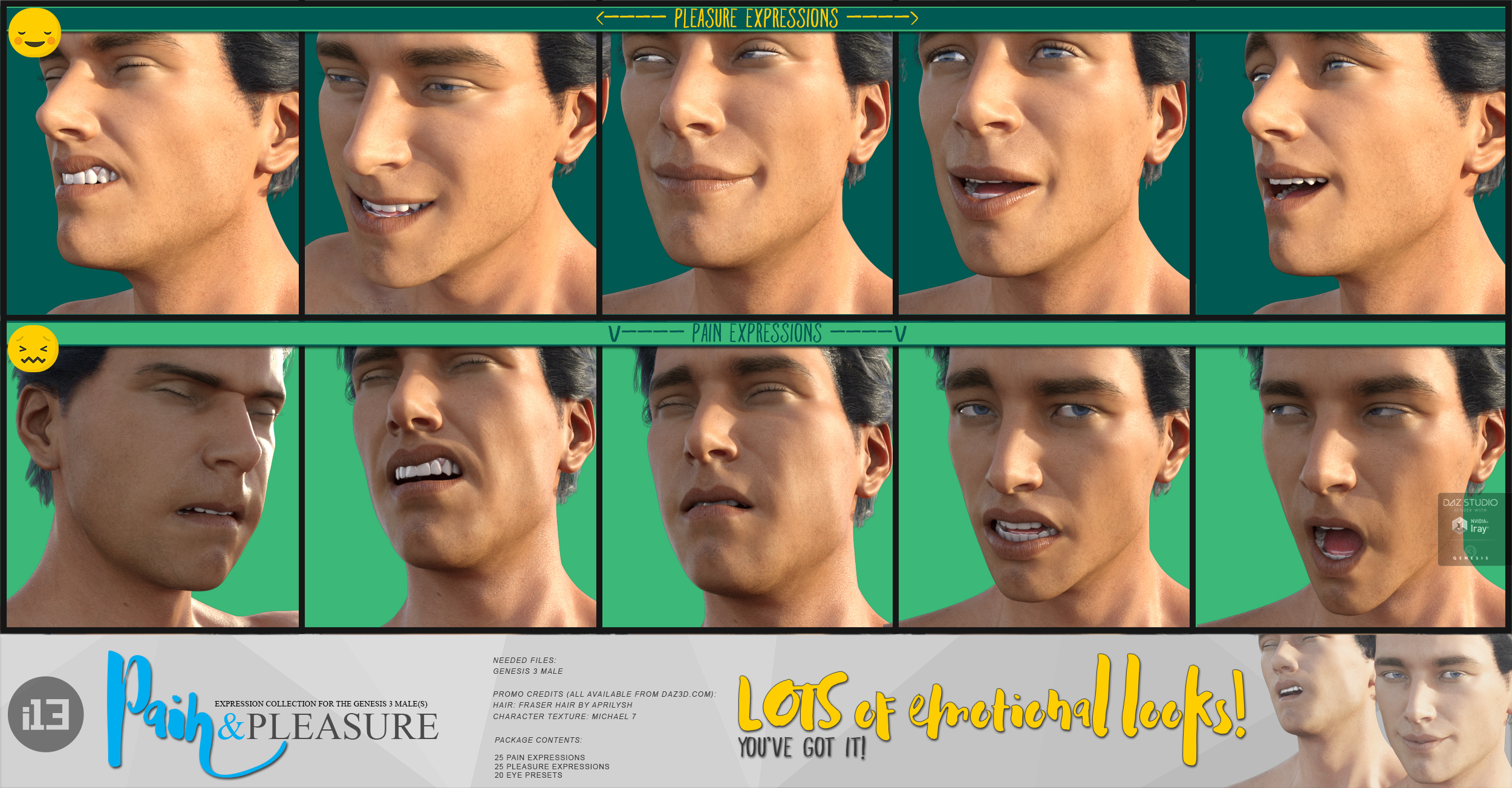 i13 Pain and Pleasure Expressions for the Genesis 3 Male(s) i13 Pain and Pleasure Expressions for the Genesis 3 Male(s) by: ironman13, 3D Models by Daz 3D