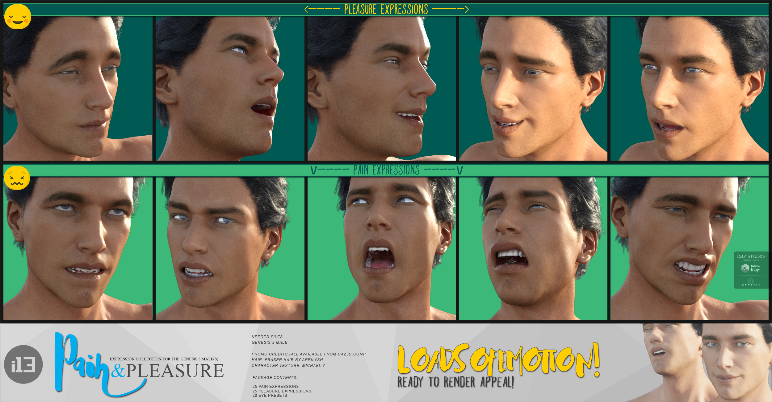 i13 Pain and Pleasure Expressions for the Genesis 3 Male(s) i13 Pain and Pleasure Expressions for the Genesis 3 Male(s) by: ironman13, 3D Models by Daz 3D