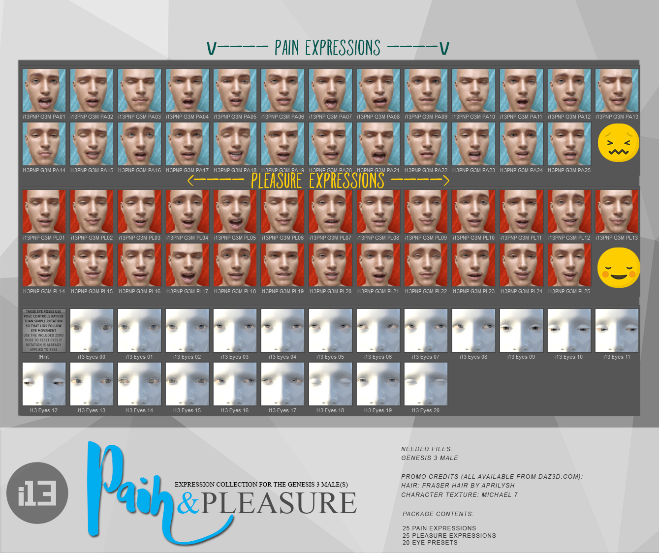 i13 Pain and Pleasure Expressions for the Genesis 3 Male(s) by: ironman13, 3D Models by Daz 3D