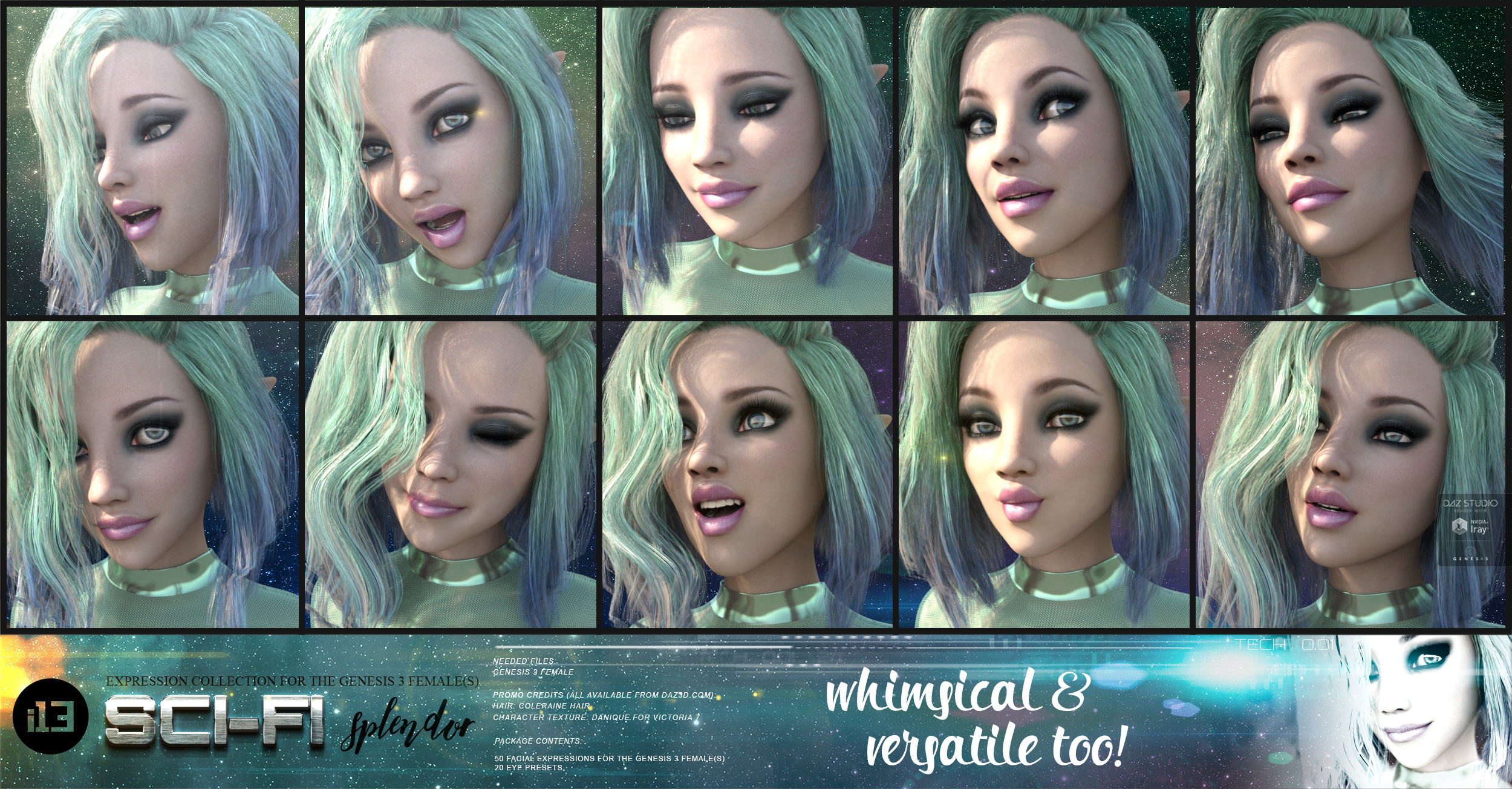 i13 Sci-Fi Splendor Expressions for the Genesis 3 Female(s) i13 Sci-Fi Splendor Expressions for the Genesis 3 Female(s) by: ironman13, 3D Models by Daz 3D