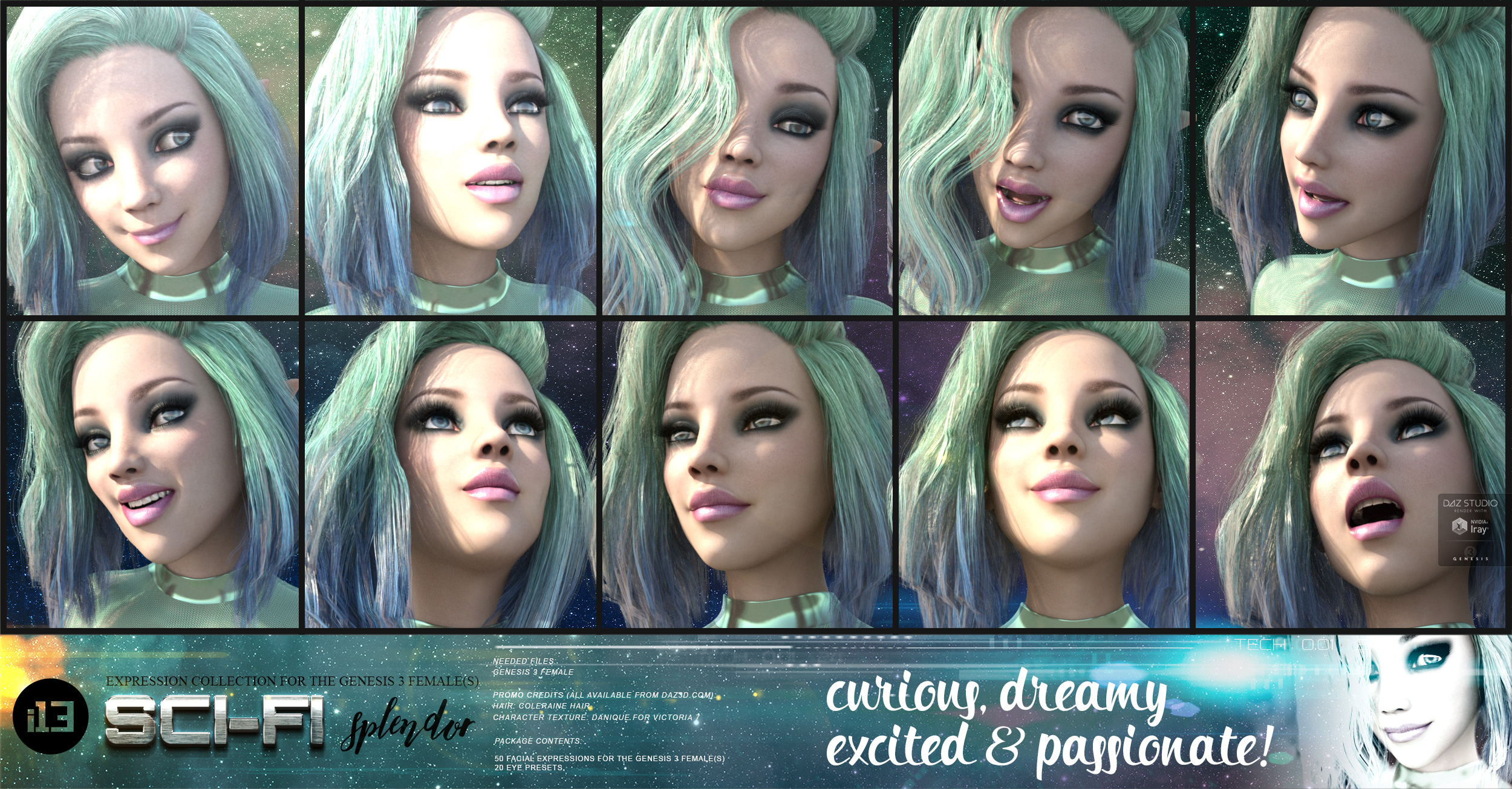 i13 Sci-Fi Splendor Expressions for the Genesis 3 Female(s) by: ironman13, 3D Models by Daz 3D