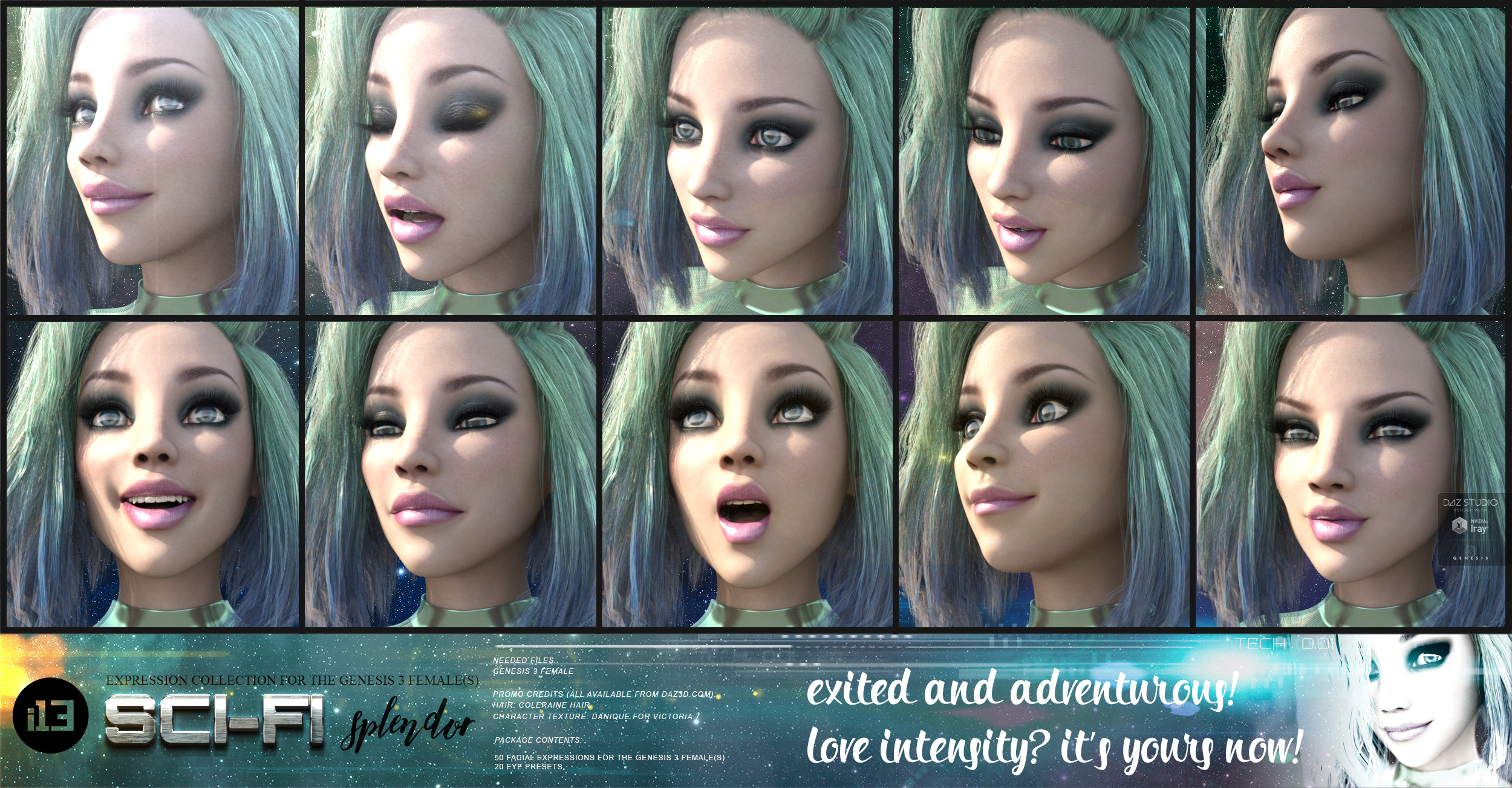 i13 Sci-Fi Splendor Expressions for the Genesis 3 Female(s) by: ironman13, 3D Models by Daz 3D