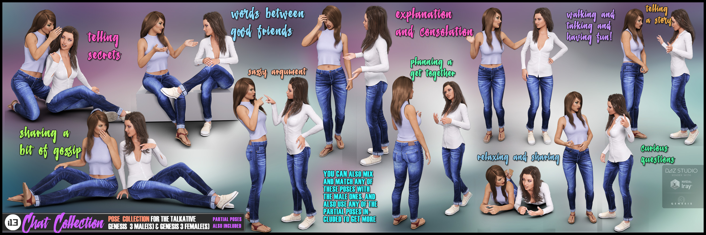 i13 Chat Collection Poses for the Genesis 3 Female(s) and Genesis 3 Male(s) by: ironman13, 3D Models by Daz 3D