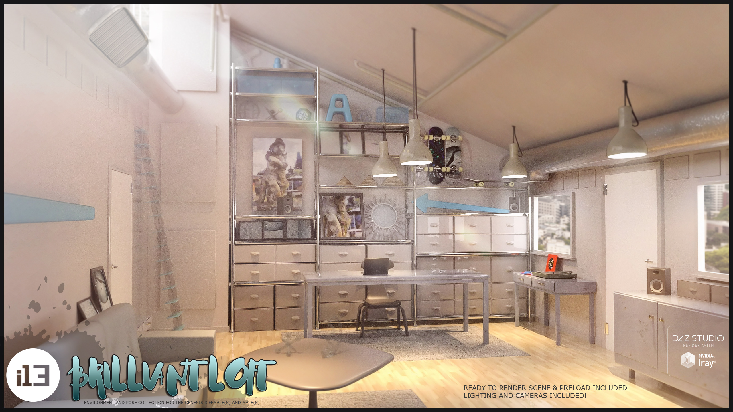 i13 Brilliant Loft Environment and Poses by: ironman13, 3D Models by Daz 3D