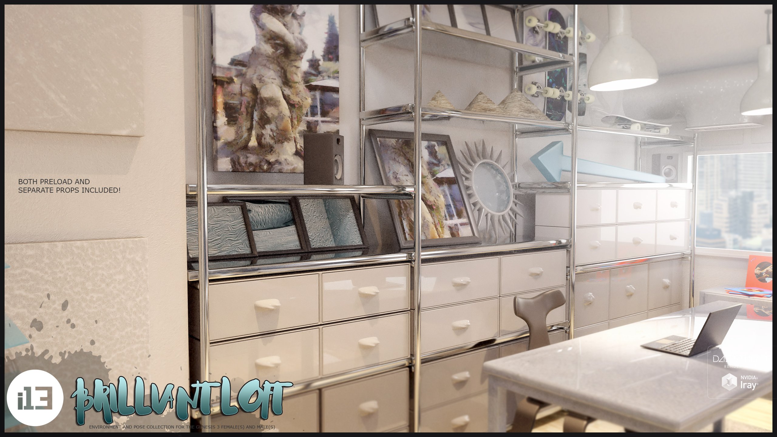 i13 Brilliant Loft Environment and Poses by: ironman13, 3D Models by Daz 3D