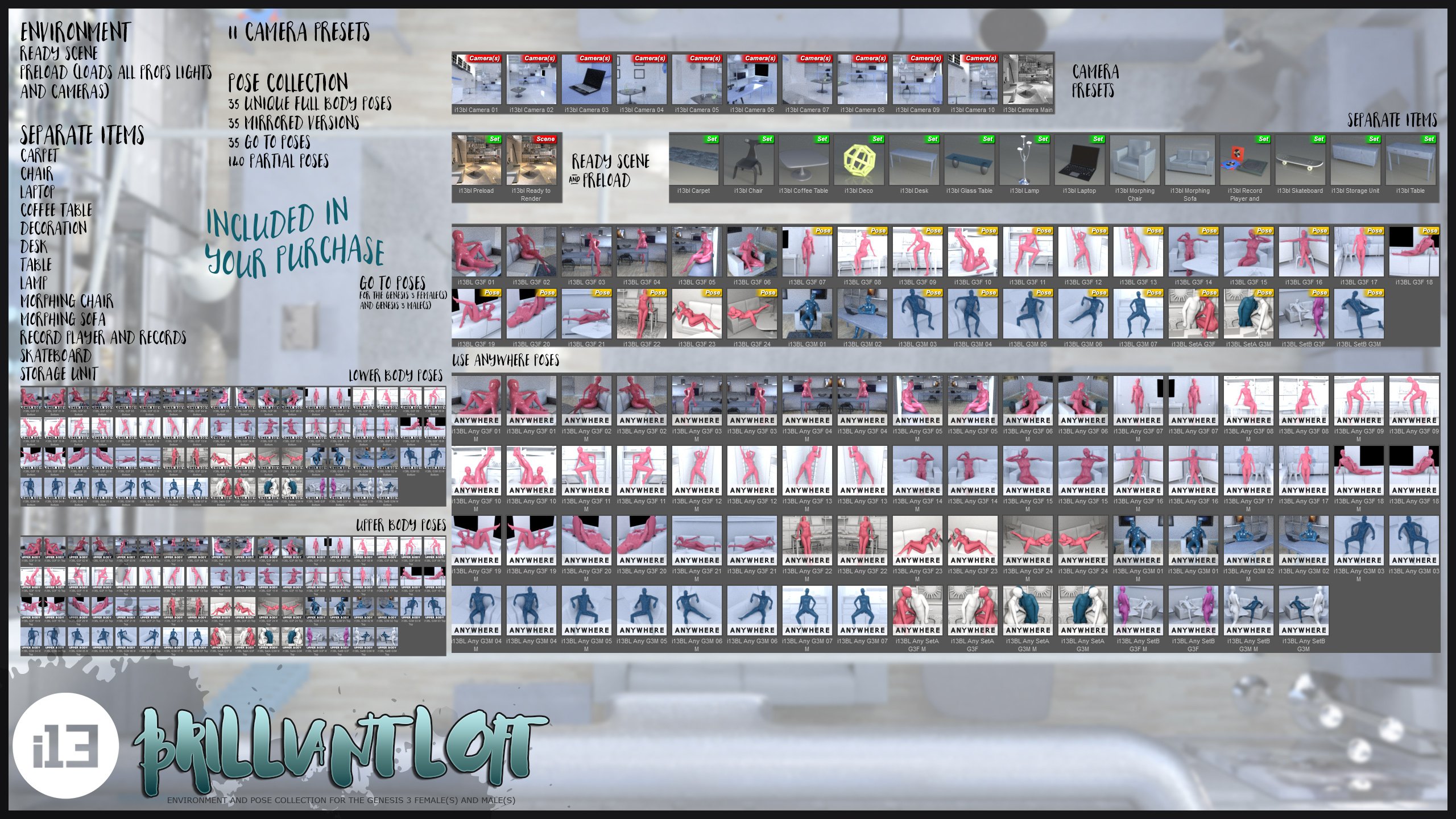 i13 Brilliant Loft Environment and Poses i13 Brilliant Loft Environment and Poses by: ironman13, 3D Models by Daz 3D