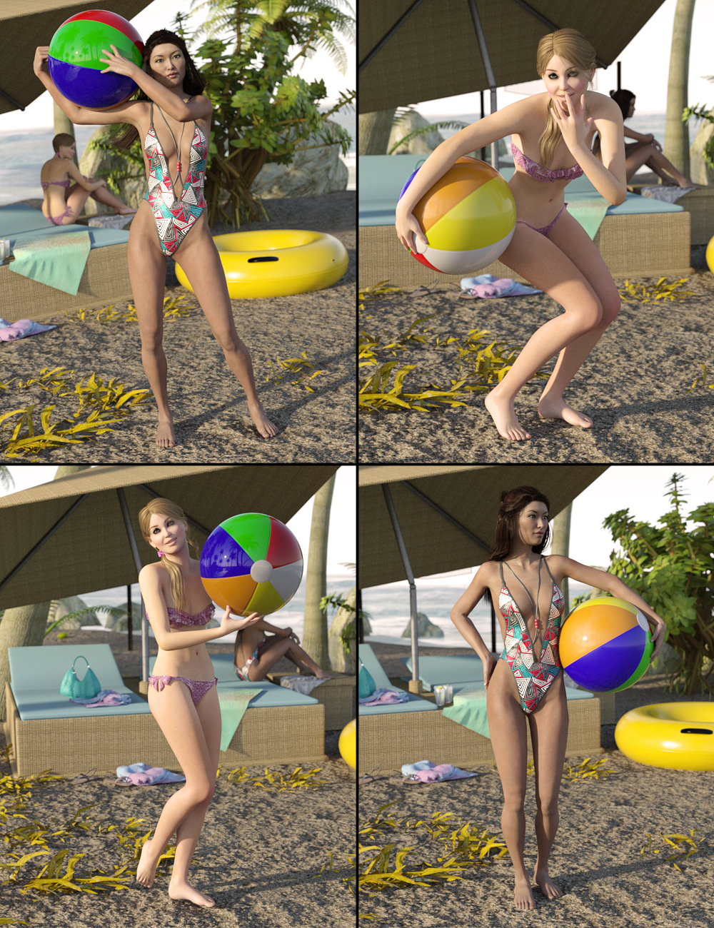 Beach Beauties Poses by: FeralFey, 3D Models by Daz 3D