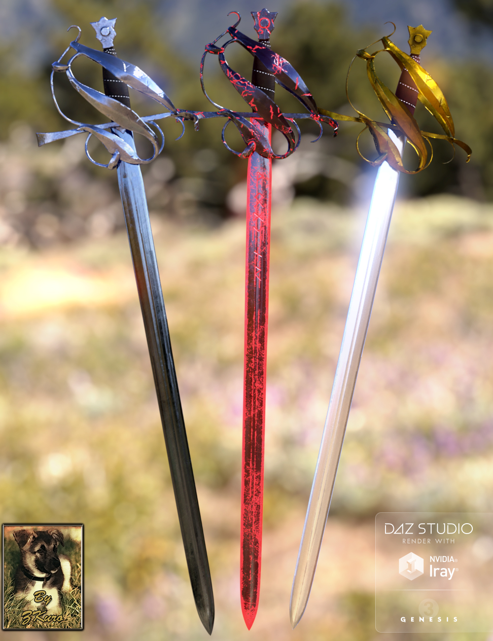 Witch Hunter's Silver & Fire Weapons by: ZKuro, 3D Models by Daz 3D