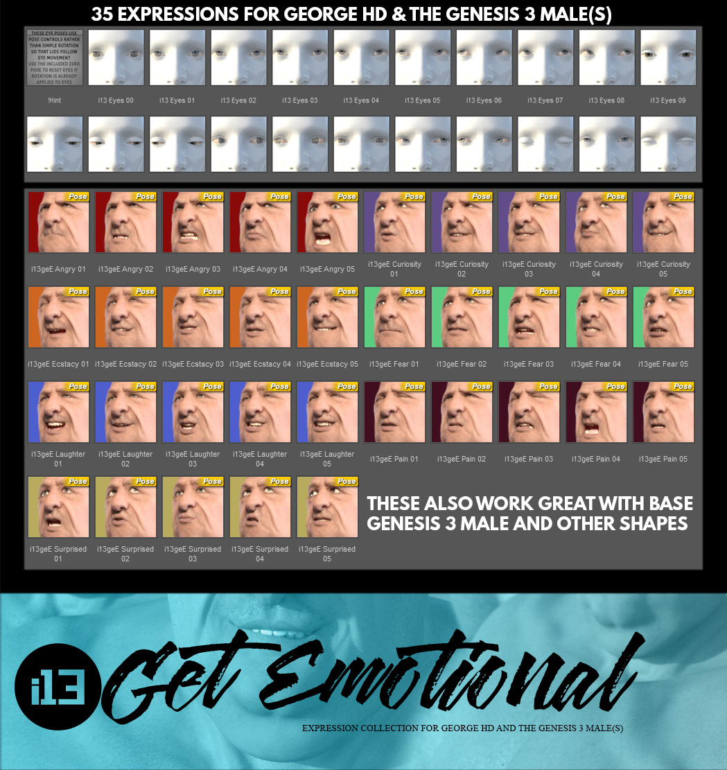 i13 Get Emotional Expressions for the Genesis 3 Male(s) by: ironman13, 3D Models by Daz 3D