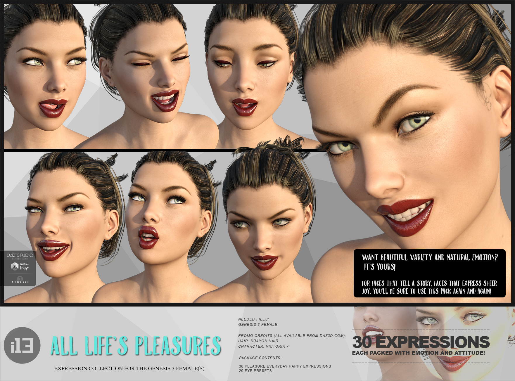 i13 All Life's Pleasures Expressions for the Genesis 3 Female(s) by: ironman13, 3D Models by Daz 3D