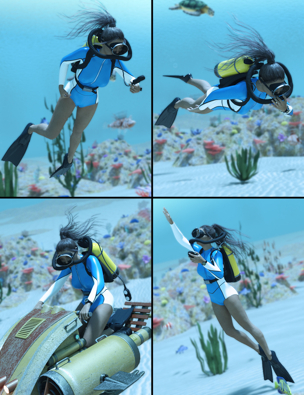 Underwater Explorer Poses by: FeralFey, 3D Models by Daz 3D
