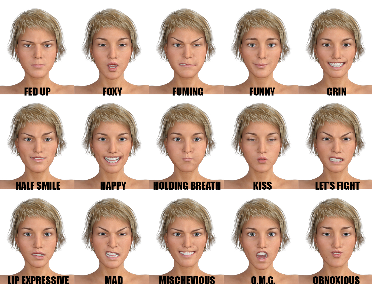Genesis 3 Female(s) Expressions & Face aniBlocks by: SimonWM, 3D Models by Daz 3D