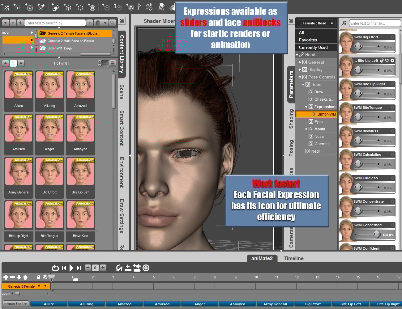 Genesis 3 Female(s) Expressions & Face aniBlocks Genesis 3 Female(s) Expressions & Face aniBlocks by: SimonWM, 3D Models by Daz 3D