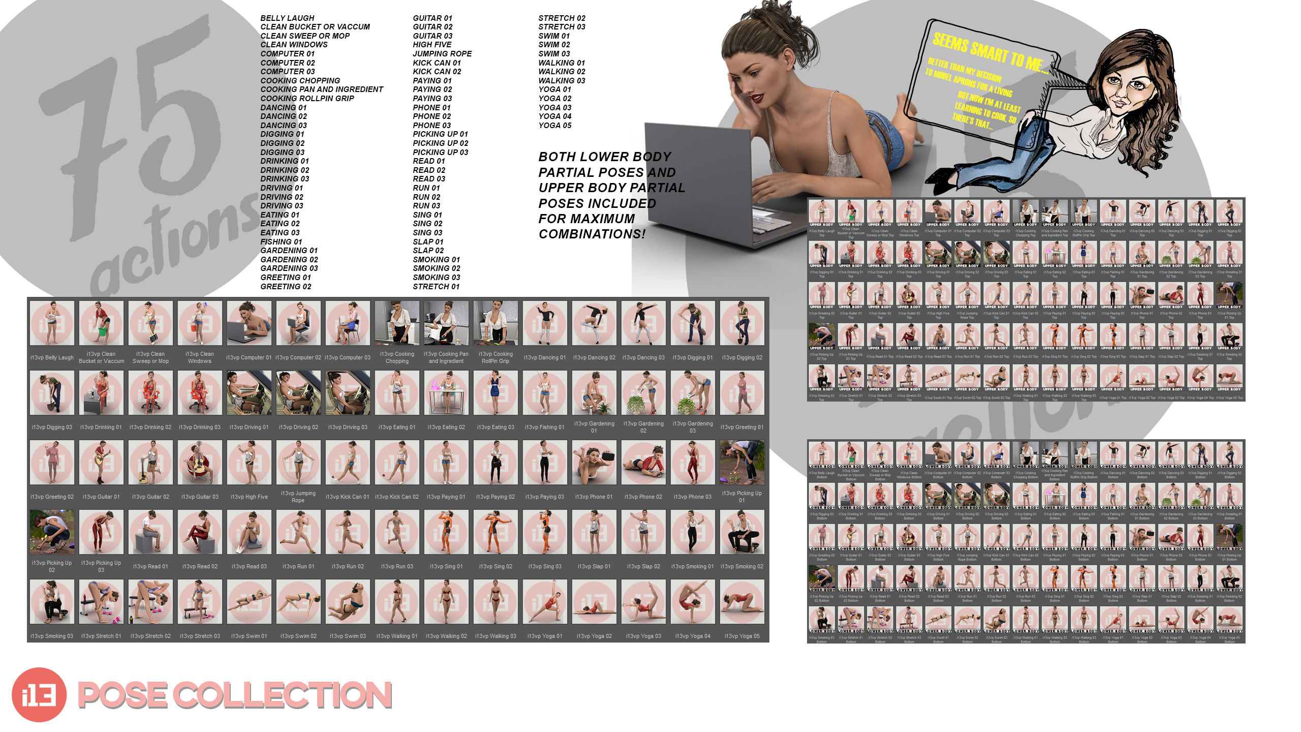 i13 75 Pose Variety Pack for the Genesis 3 Female(s) by: ironman13, 3D Models by Daz 3D