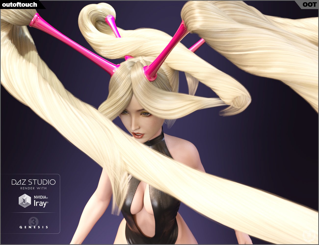 Quadro Tails Stylized Hair for Genesis 3 Female(s) by: outoftouch, 3D Models by Daz 3D