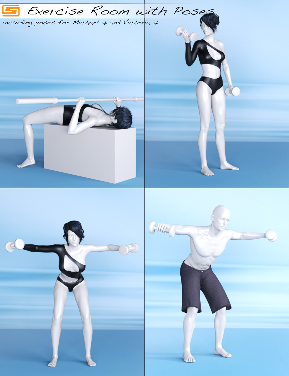 Exercise Room with Poses for Michael 7 and Victoria 7 by: Sedor, 3D Models by Daz 3D