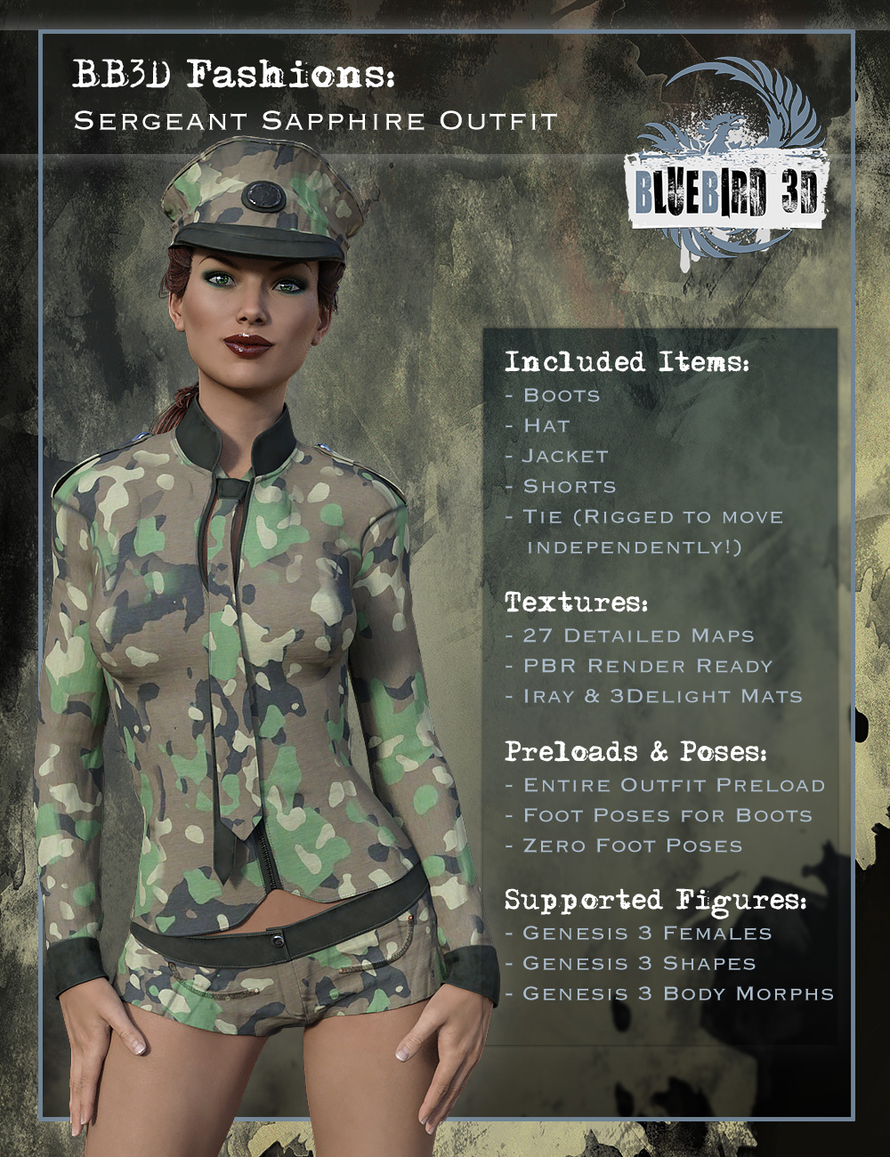 BB3D Fashions: Sergeant Sapphire for Genesis 3 Female(s) by: , 3D Models by Daz 3D