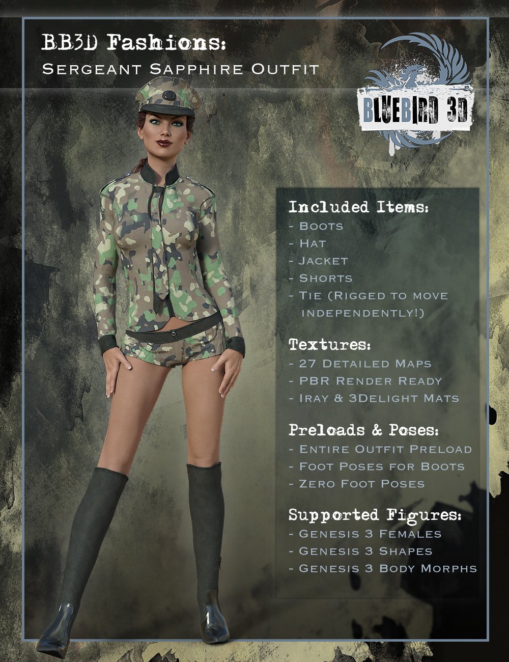 BB3D Fashions: Sergeant Sapphire for Genesis 3 Female(s) BB3D Fashions: Sergeant Sapphire for Genesis 3 Female(s) by: , 3D Models by Daz 3D