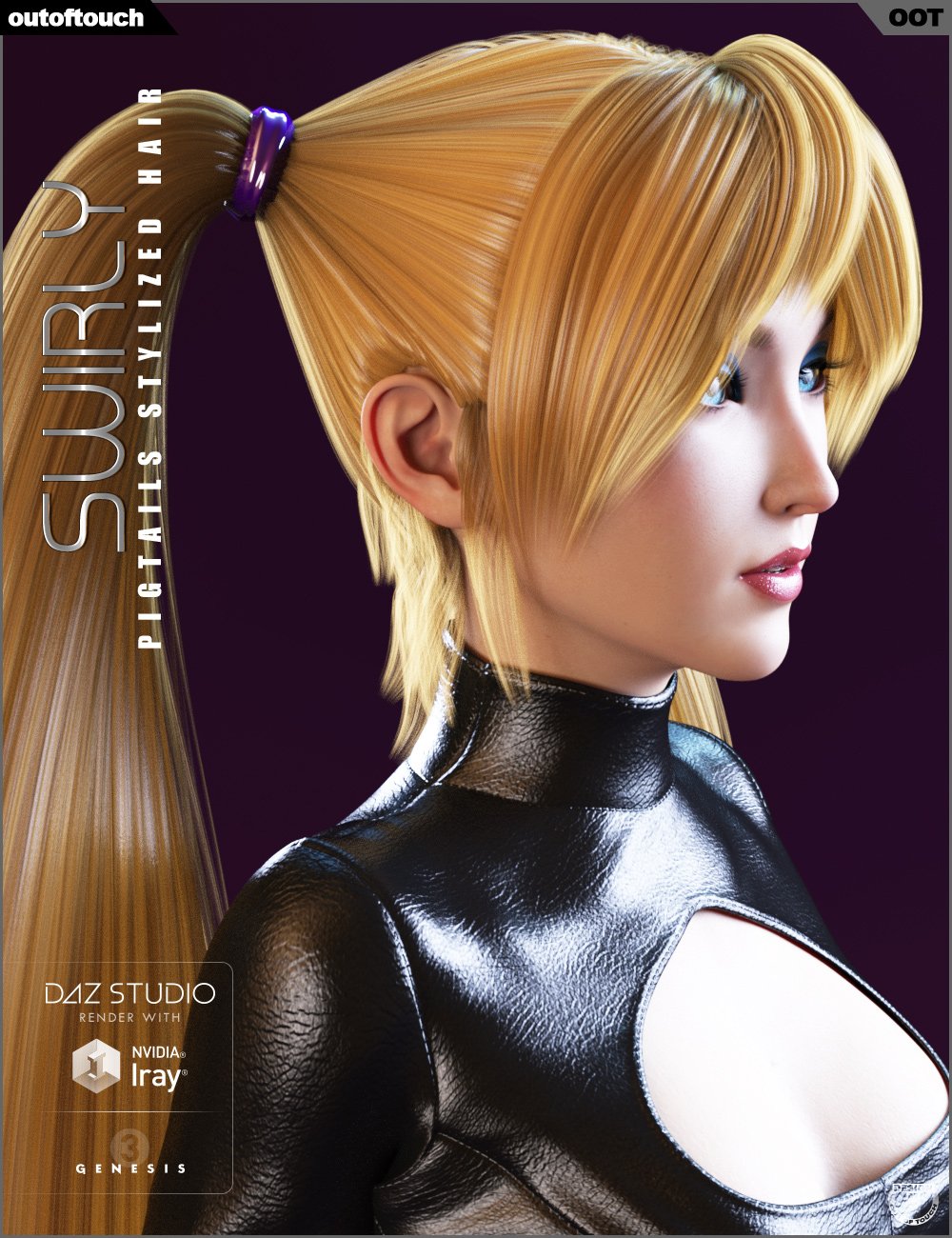 Swirly Pigtails Stylized Hair for Genesis 3 Female(s) by: outoftouch, 3D Models by Daz 3D