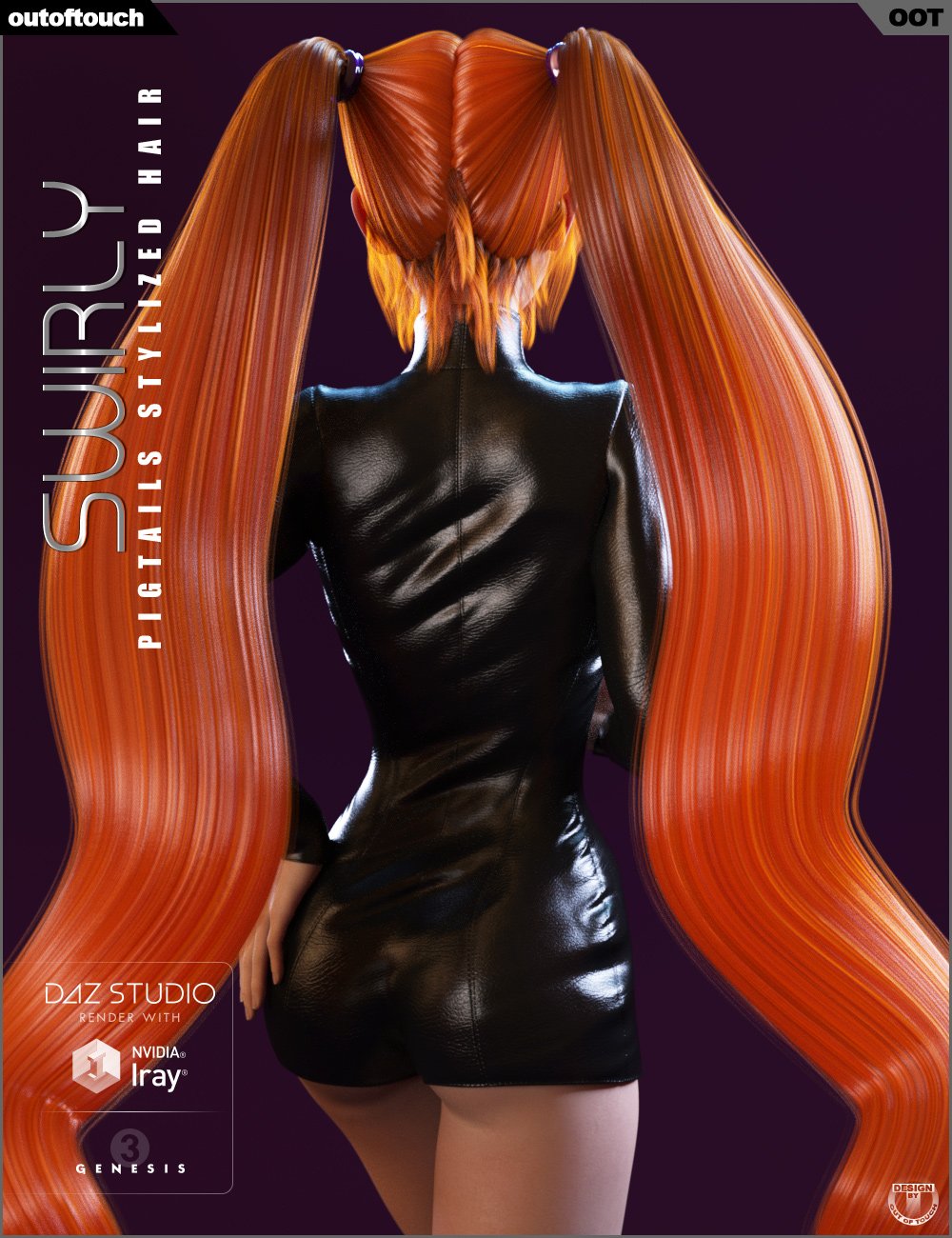 Swirly Pigtails Stylized Hair for Genesis 3 Female(s) by: outoftouch, 3D Models by Daz 3D