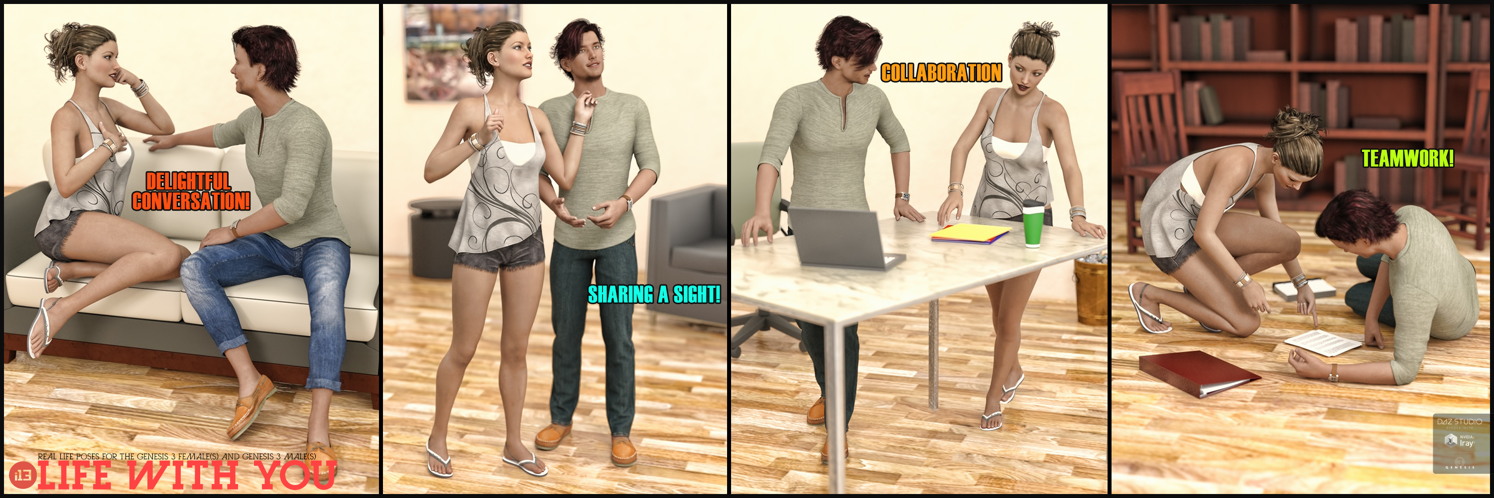 i13 Life with You! Pose Collection for the Genesis 3 Male(s) and Genesis 3 Female(s) i13 Life with You! Pose Collection for the Genesis 3 Male(s) and Genesis 3 Female(s) by: ironman13, 3D Models by Daz 3D