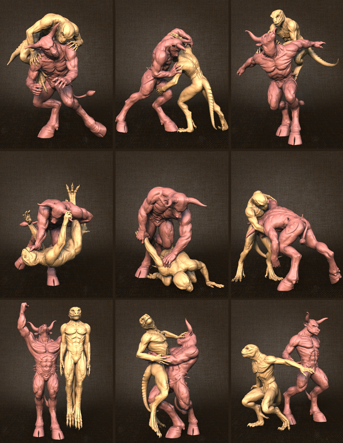 Combat Poses for Minotaur 6 and Reptilian 6 by: Quixotry, 3D Models by Daz 3D