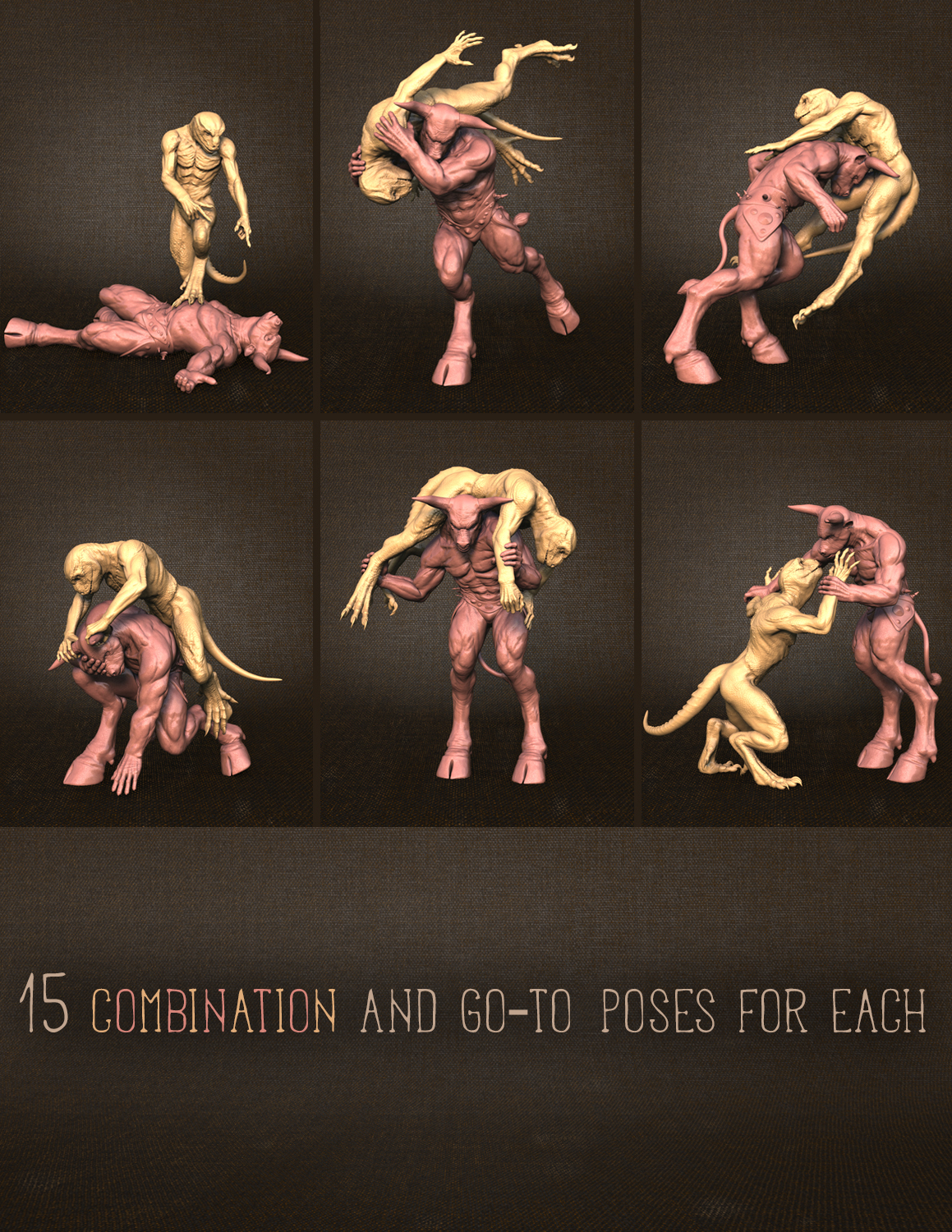 Combat Poses for Minotaur 6 and Reptilian 6 by: Quixotry, 3D Models by Daz 3D