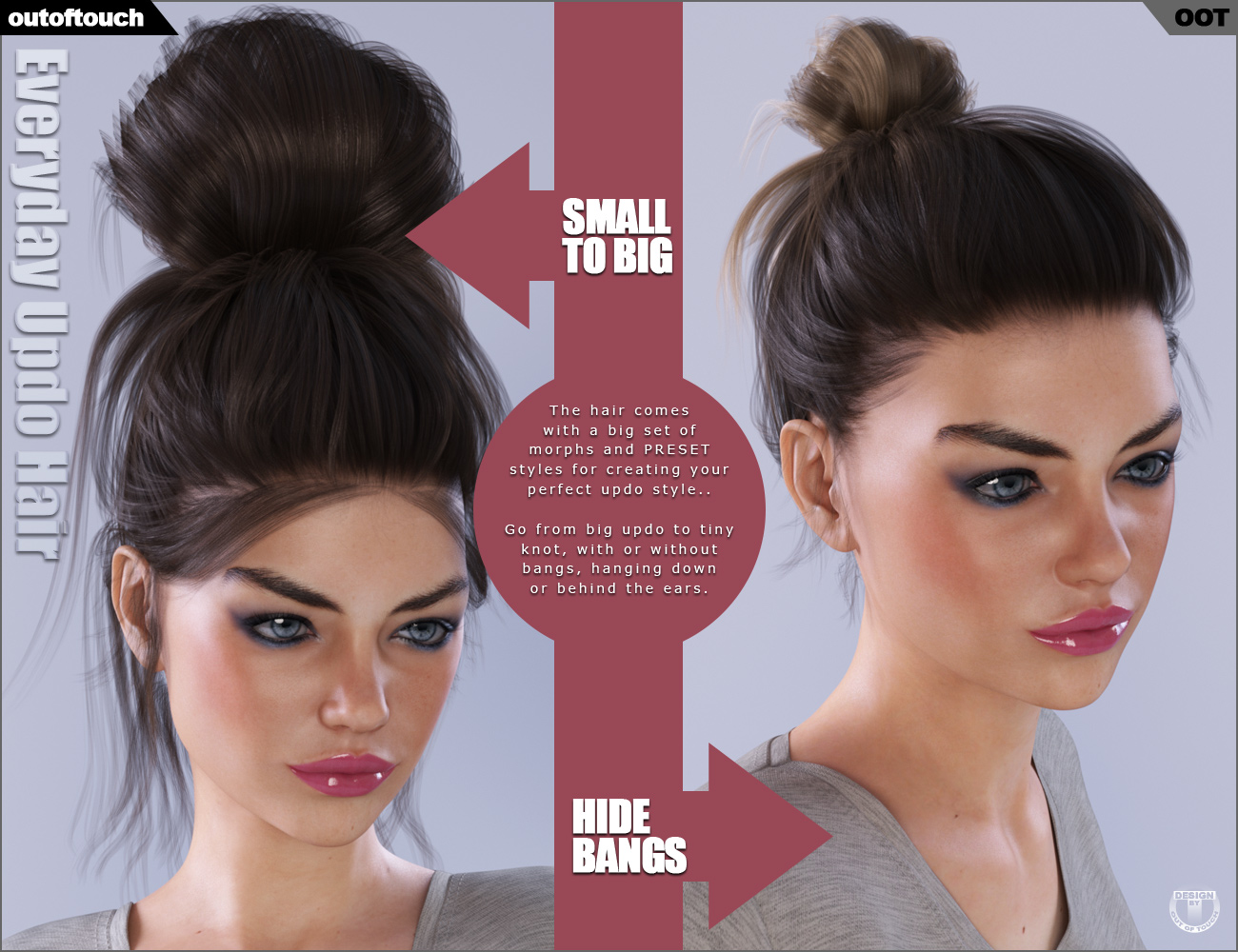 Everyday Updo Hair and OOT Hairblending 2.0 for Genesis 3 Female(s) by: outoftouch, 3D Models by Daz 3D
