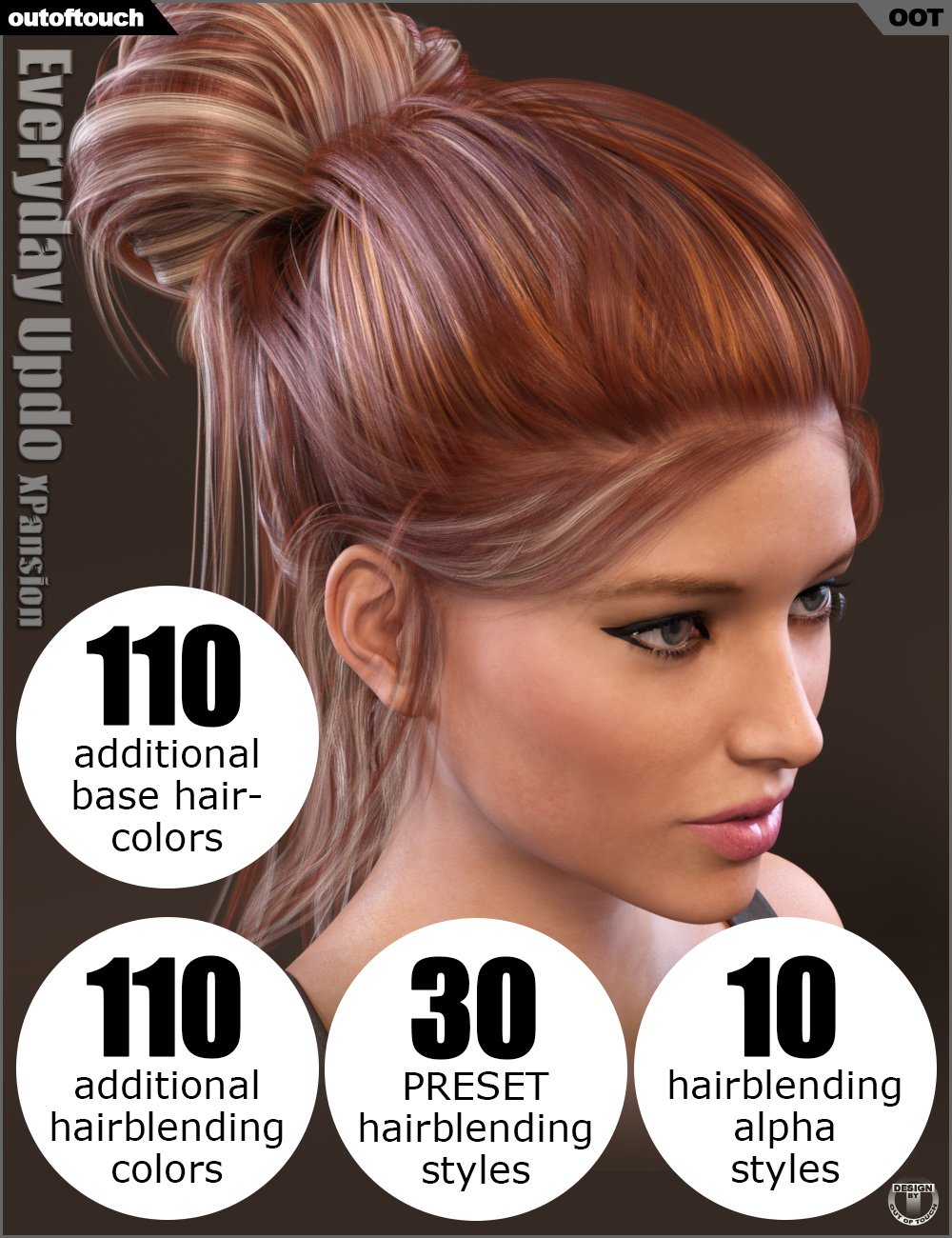 Everyday Updo Hair and OOT Hairblending 2.0 Texture XPansion by: outoftouch, 3D Models by Daz 3D