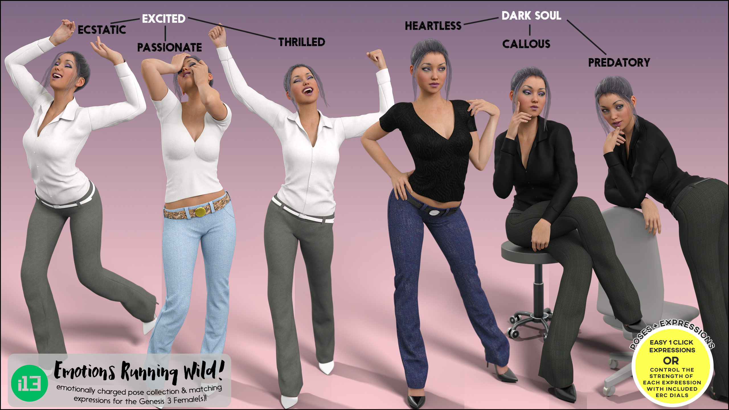 i13 Emotions Running WILD for the Genesis 3 Female(s) by: ironman13, 3D Models by Daz 3D