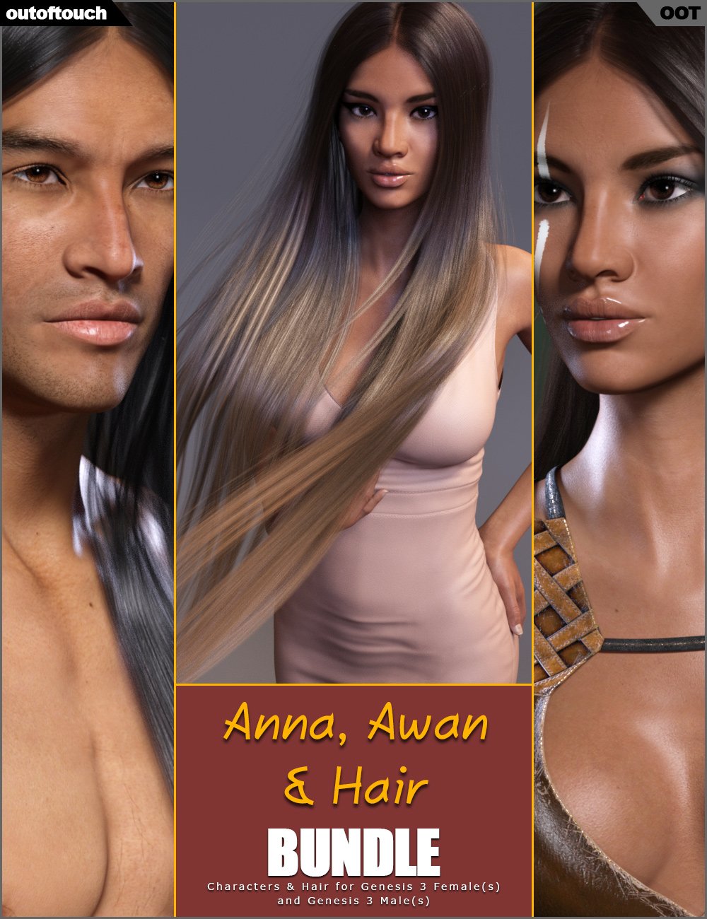 Anna HD and Awan HD plus Sleeky Hair Bundle by: outoftouchRaiya, 3D Models by Daz 3D