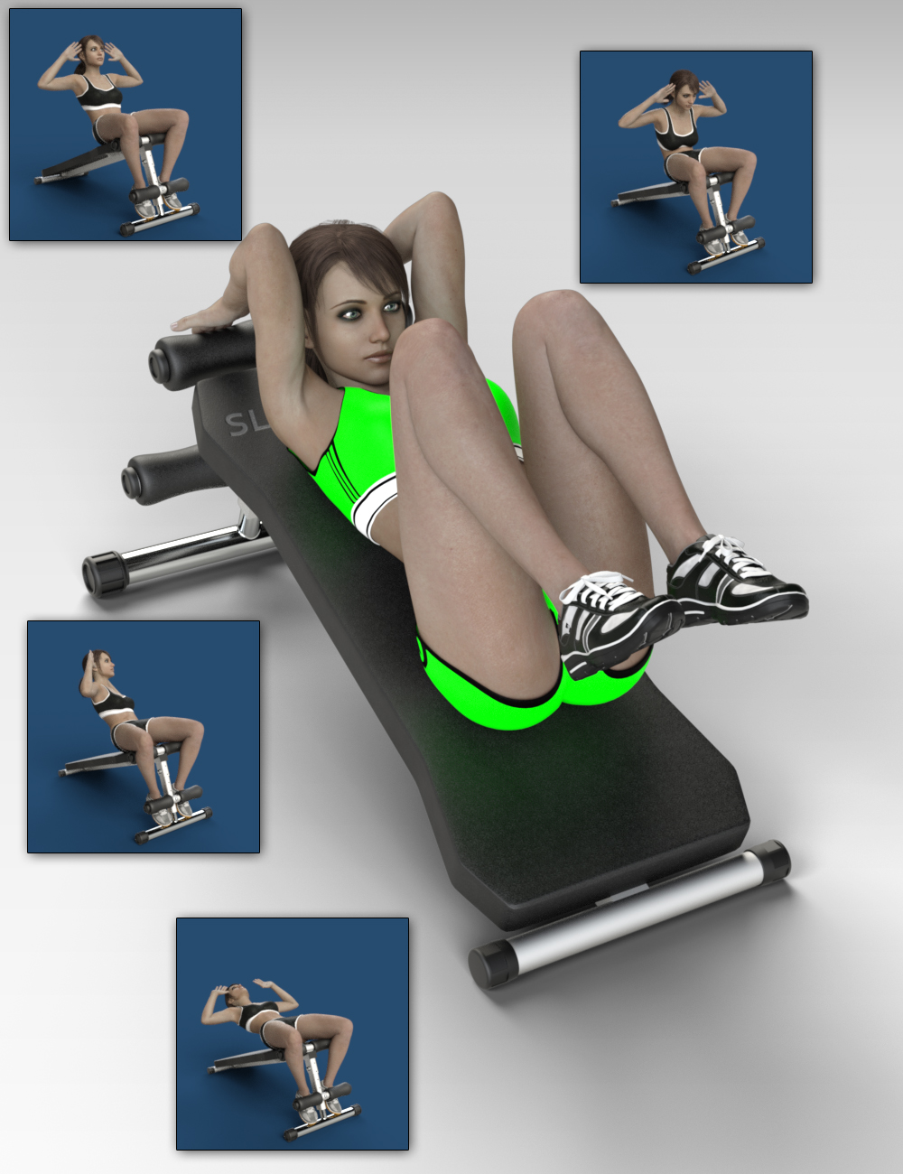 Slide3D Sport Poses with Decline Bench for Genesis 3 Female(s) by: Slide3D, 3D Models by Daz 3D