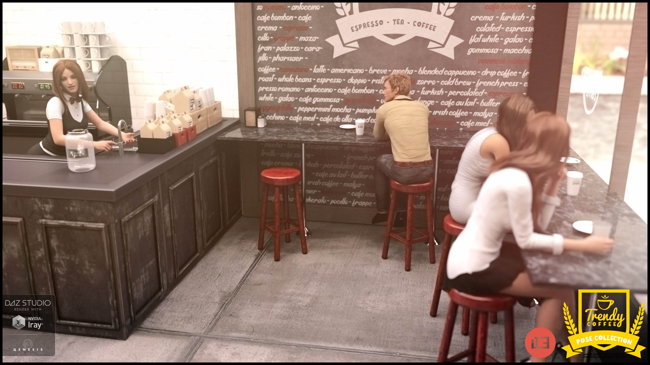 i13 Trendy Coffee Shop Poses by: ironman13, 3D Models by Daz 3D
