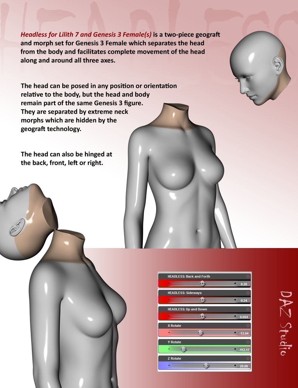 Headless for Lilith 7 and Genesis 3 Female(s) Headless for Lilith 7 and Genesis 3 Female(s) by: Cayman Studios, 3D Models by Daz 3D