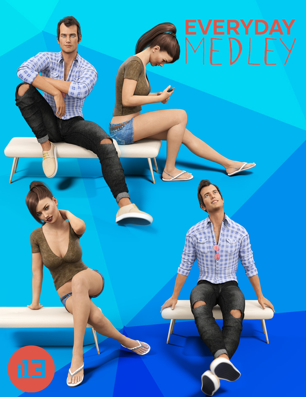 i13 Everyday Medley Poses and Furniture for Genesis 3 Female(s) and Male(s) by: ironman13, 3D Models by Daz 3D