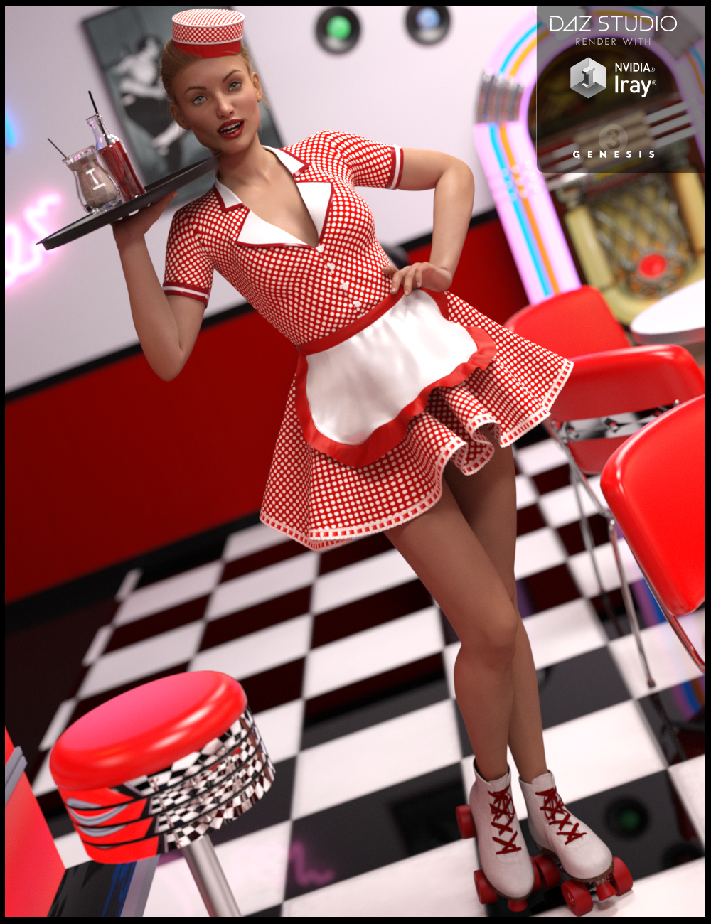Rolling Diner Waitress Outfit for Genesis 3 Female(s) by: Nikisatez, 3D Models by Daz 3D