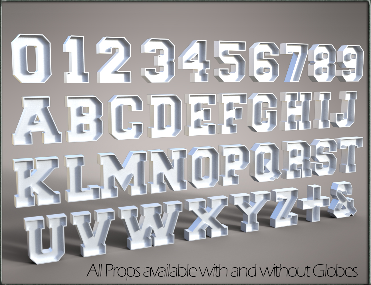 Alphabet and Number Props with Lights for Iray Daz 3D