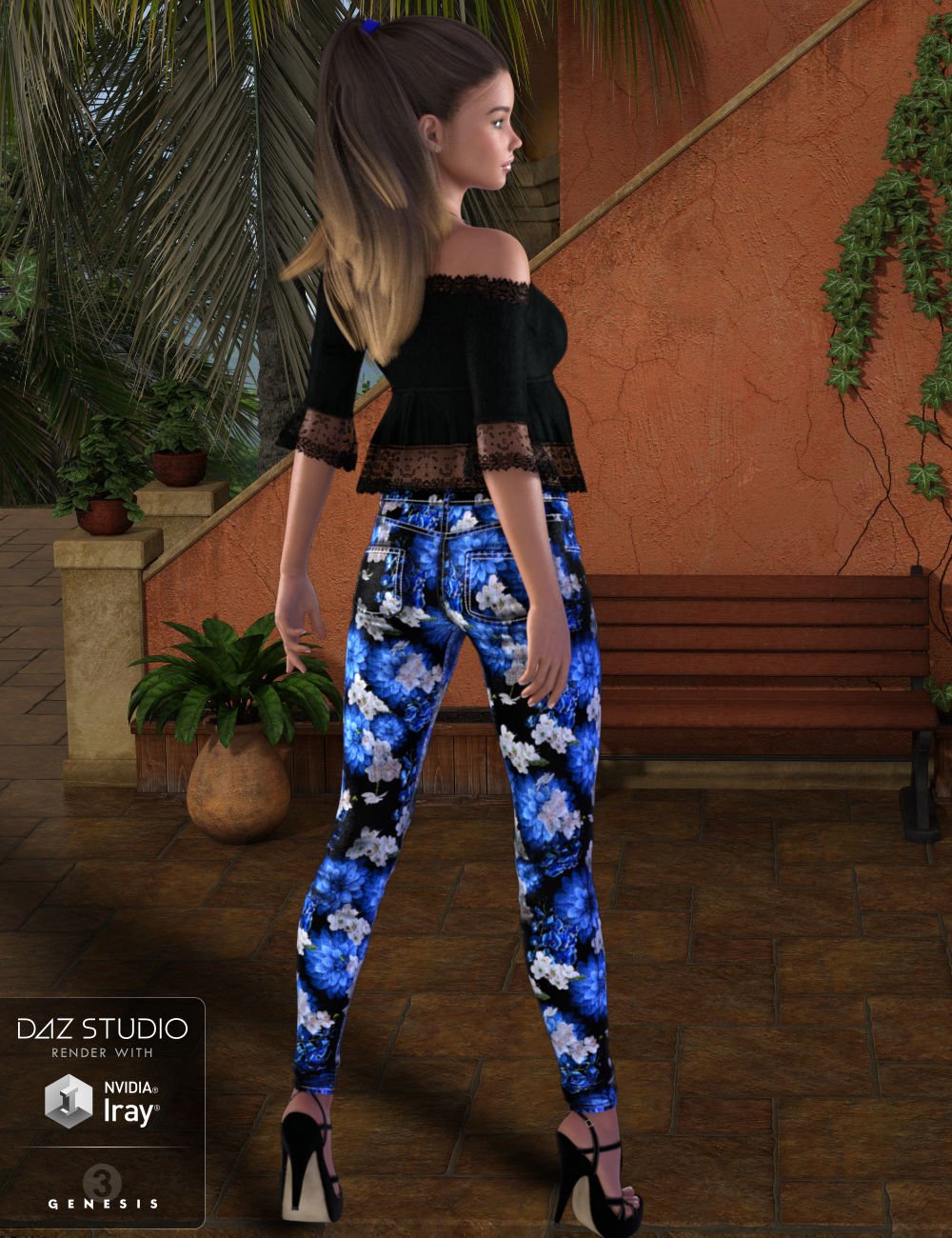 Floral Jeans Outfit for Genesis 3 Female(s) by: WildDesigns, 3D Models by Daz 3D