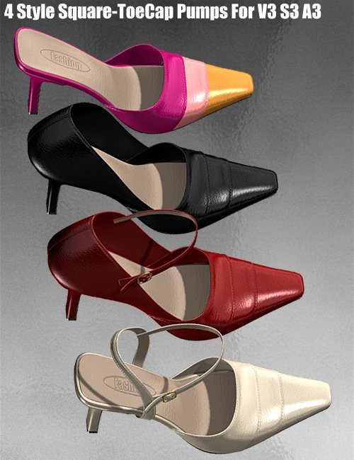 4 Style Square-ToeCap Pumps For V3/S3/A3 by: idler168, 3D Models by Daz 3D