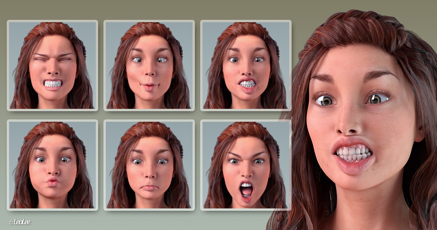 Grimaces - Dialable & One-Click Expressions for Genesis 3 Female by: Leo Lee, 3D Models by Daz 3D