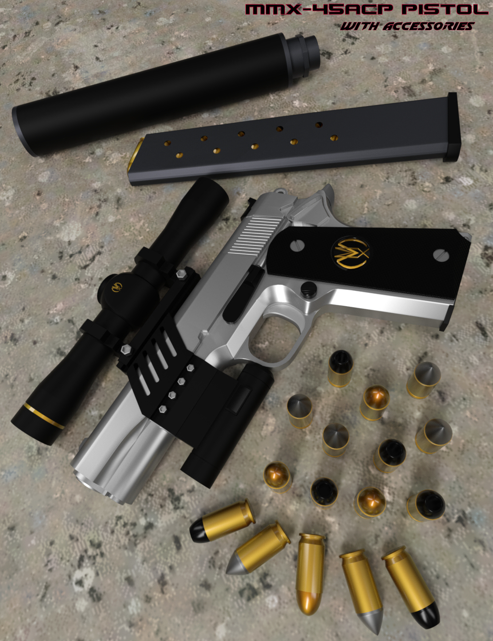 MMX-45ACP Pistol with Accessories MMX-45ACP Pistol with Accessories by: Mattymanx, 3D Models by Daz 3D