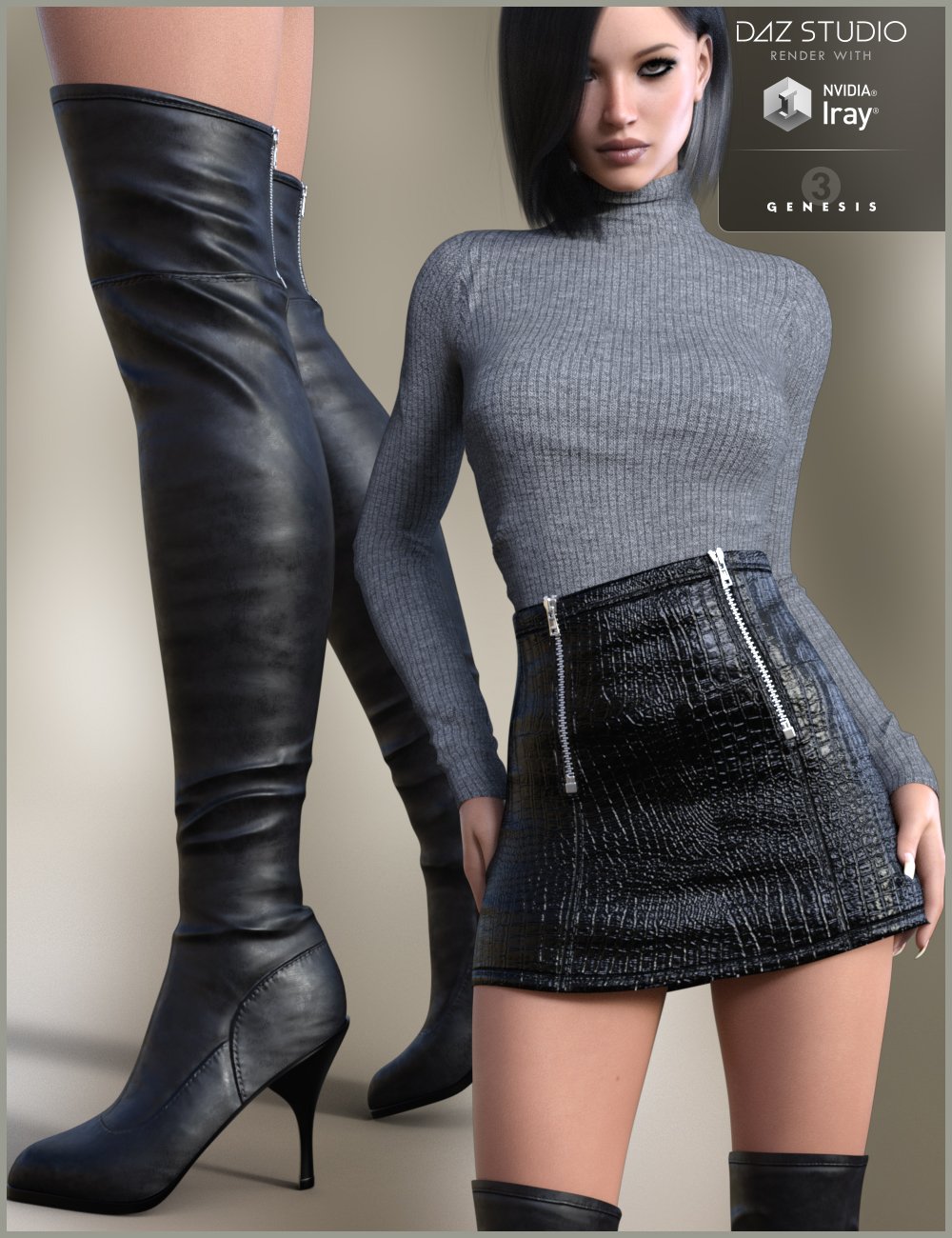 Leather Skirt Outfit for Genesis 3 Female(s) by: Nikisatez, 3D Models by Daz 3D