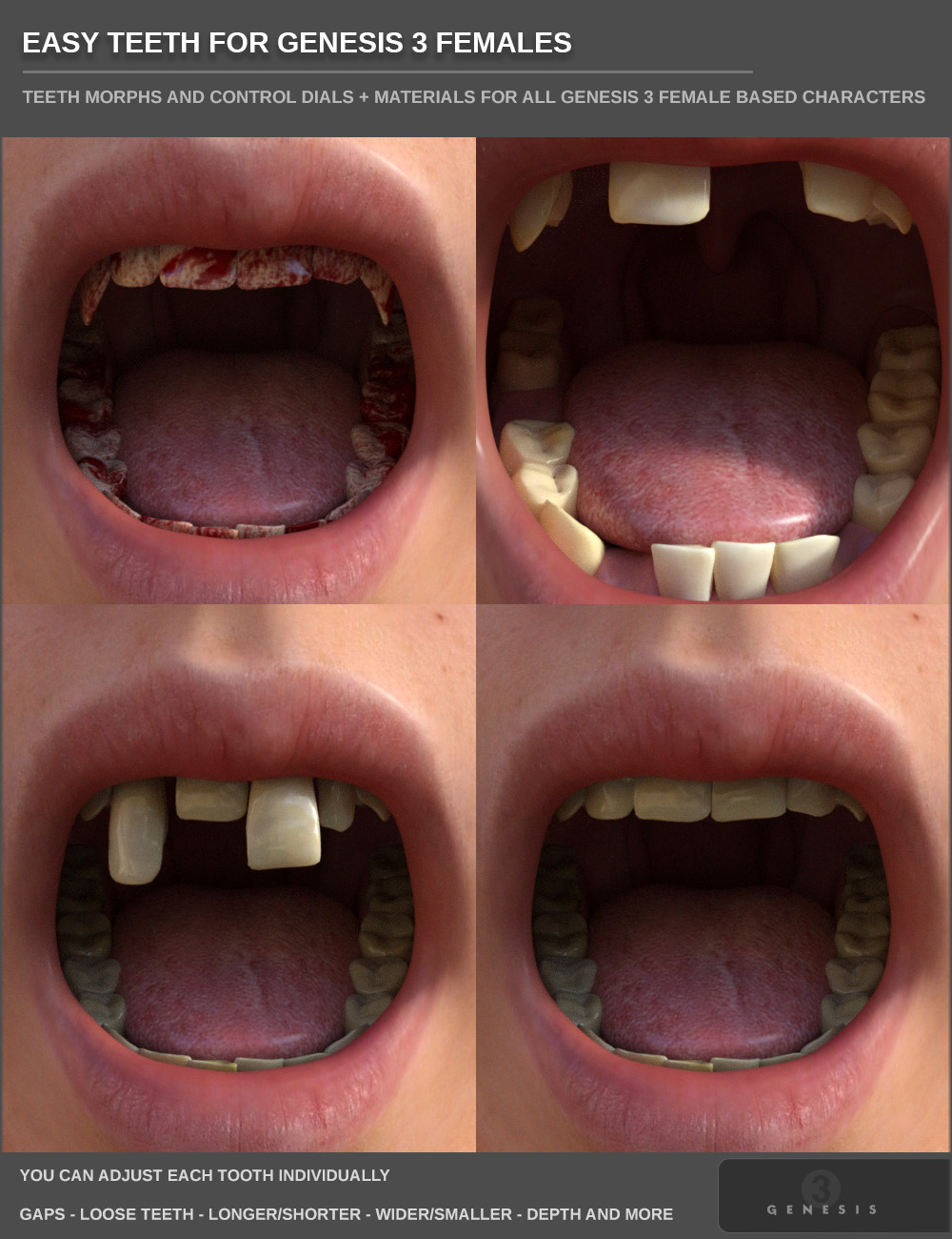 Easy Teeth for Genesis 3 Female(s) and Merchant Resource by: SF-Design, 3D Models by Daz 3D