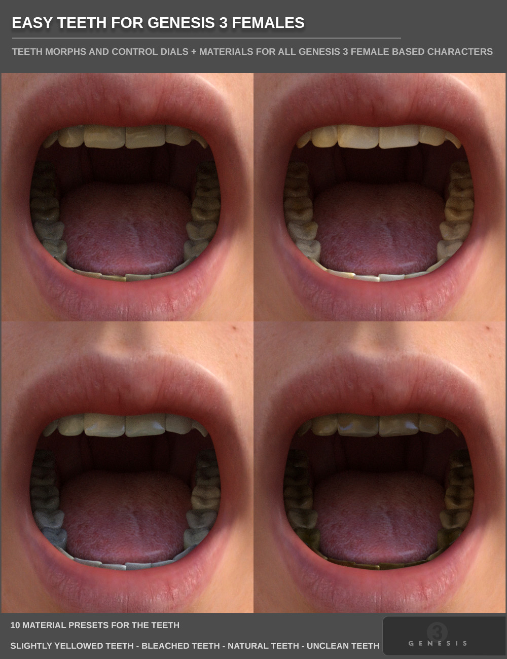 Easy Teeth for Genesis 3 Female(s) and Merchant Resource Easy Teeth for Genesis 3 Female(s) and Merchant Resource by: SF-Design, 3D Models by Daz 3D