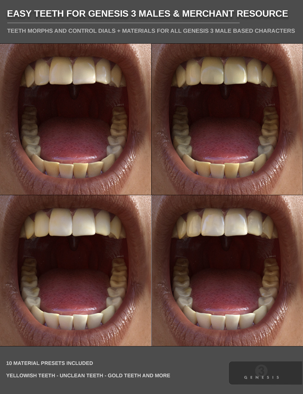 Easy Teeth for Genesis 3 Male(s) and Merchant Resource by: SF-Design, 3D Models by Daz 3D