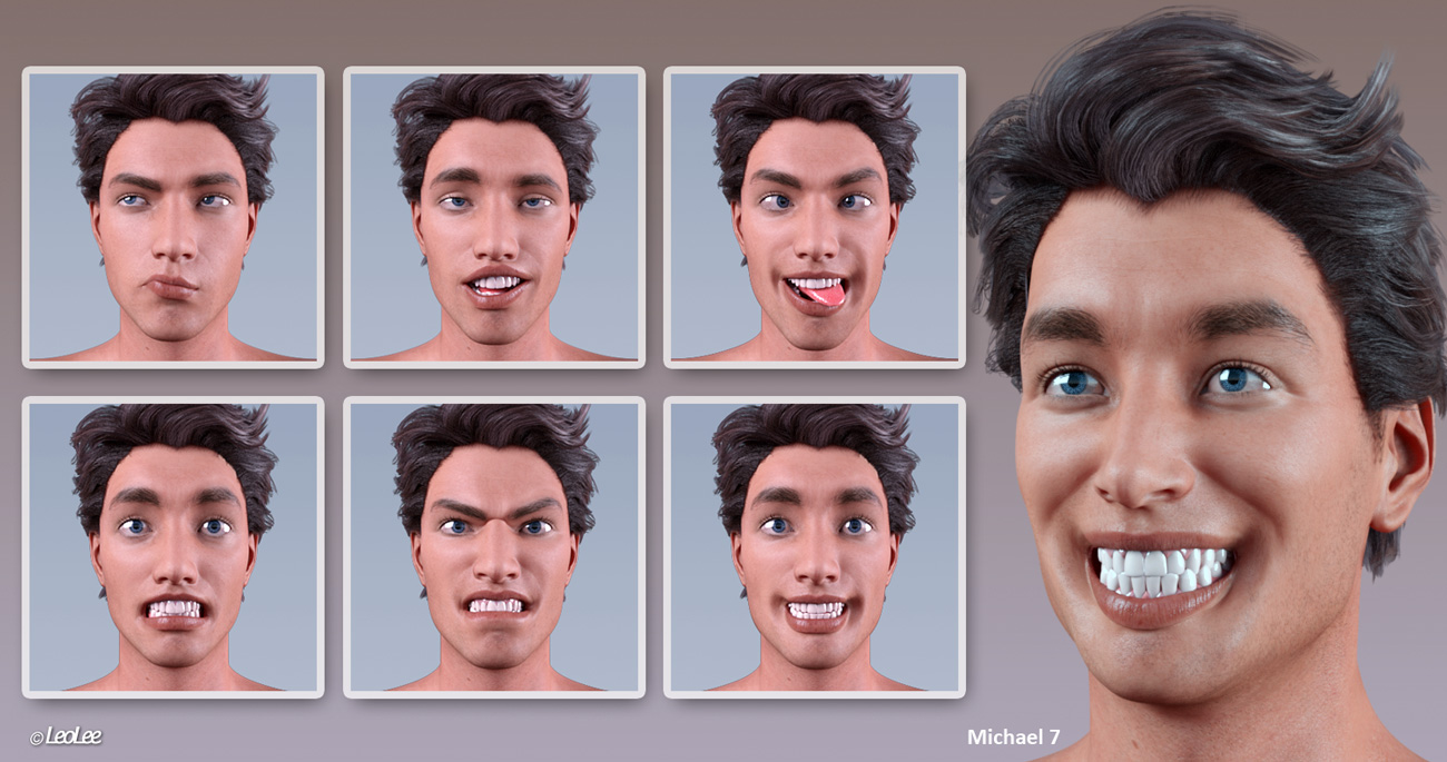 Grimaces - Dialable & One-Click Expressions for Genesis 3 Male by: Leo Lee, 3D Models by Daz 3D