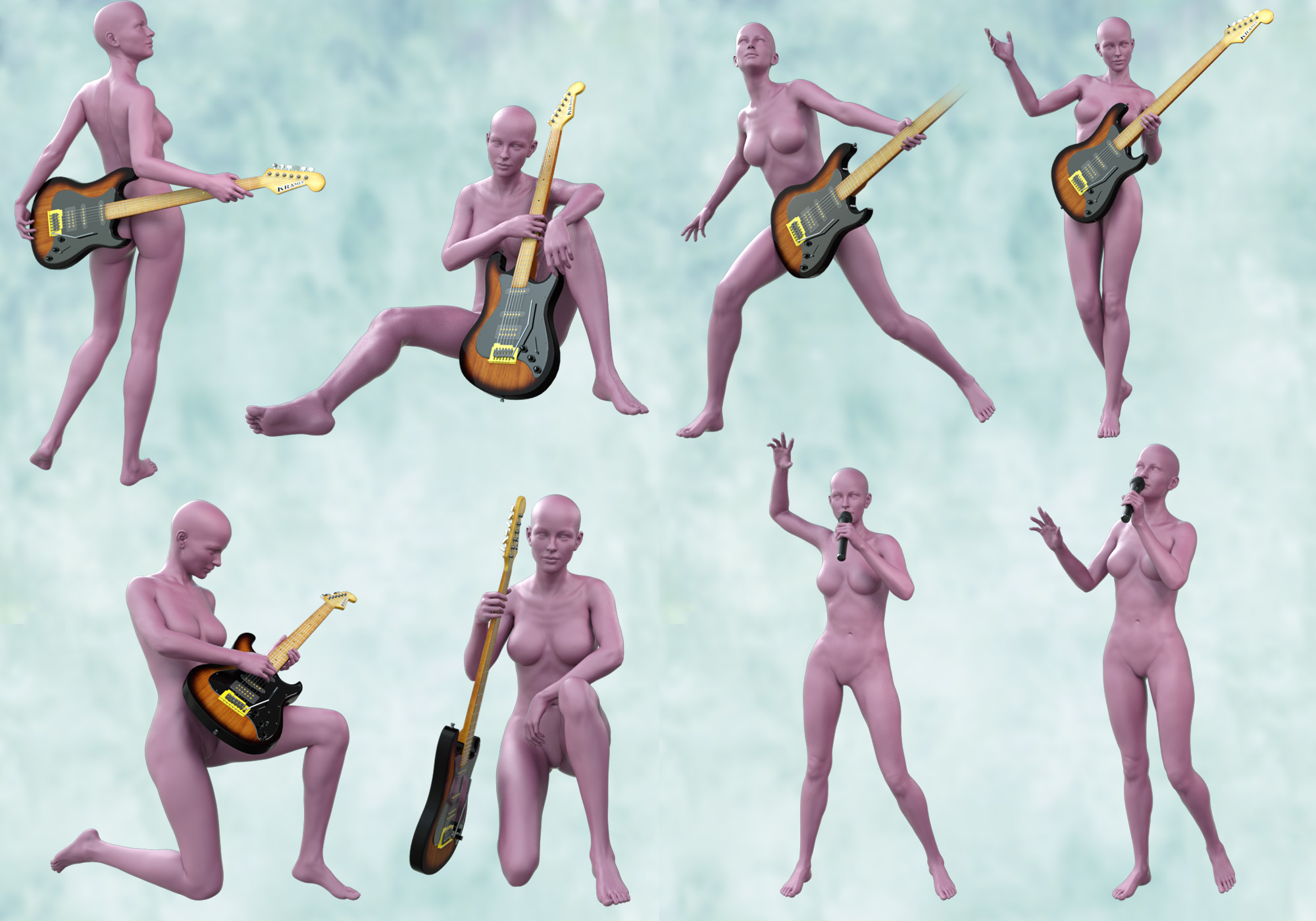 Guitar and Microphone with Poses for Genesis 8 Female and Victoria 8 by: aurorabreeze, 3D Models by Daz 3D